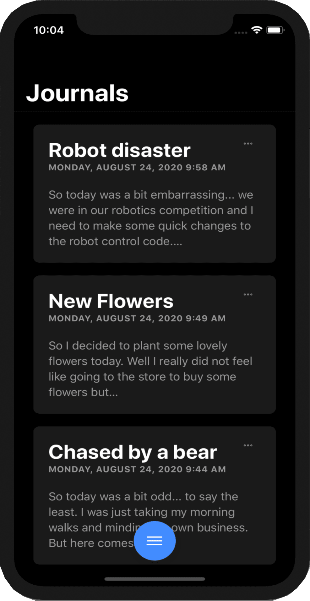 Screenshot of home screen of Mirror Journal